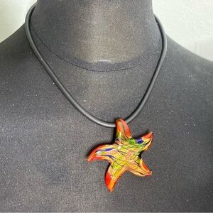 Murano Glass Red Starfish Pendant Necklace Venetian Style